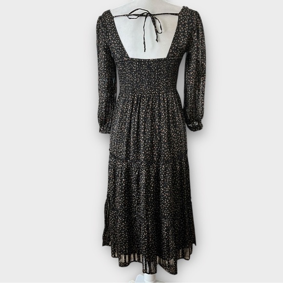 Japna Size Small Black Metallic Print Bohemian Peasant Tiered Midi Sheer Dress - Picture 6 of 11
